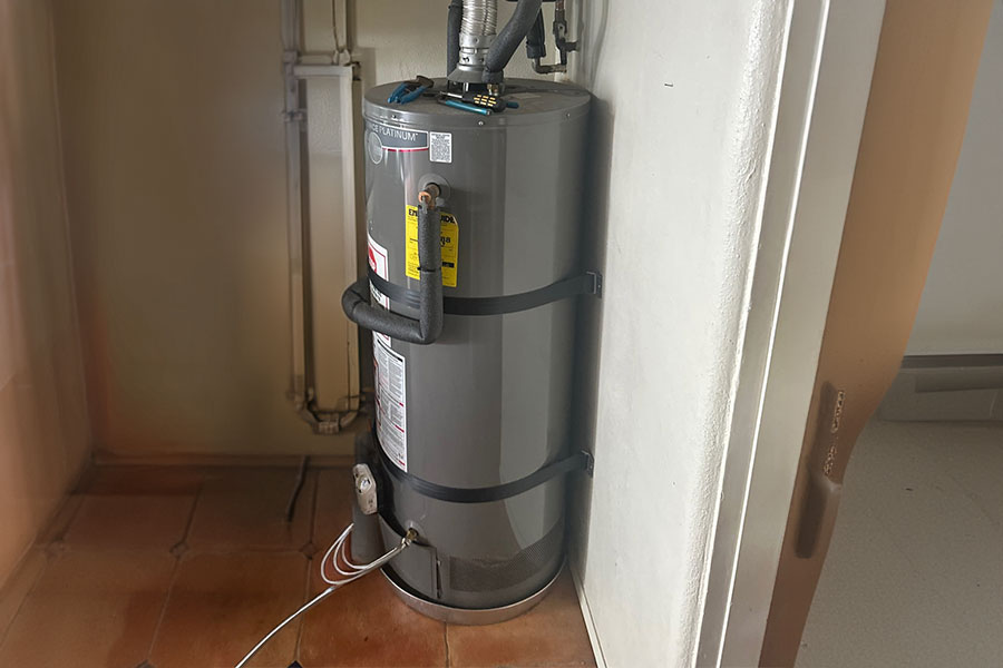 Water heater in a corner installation.