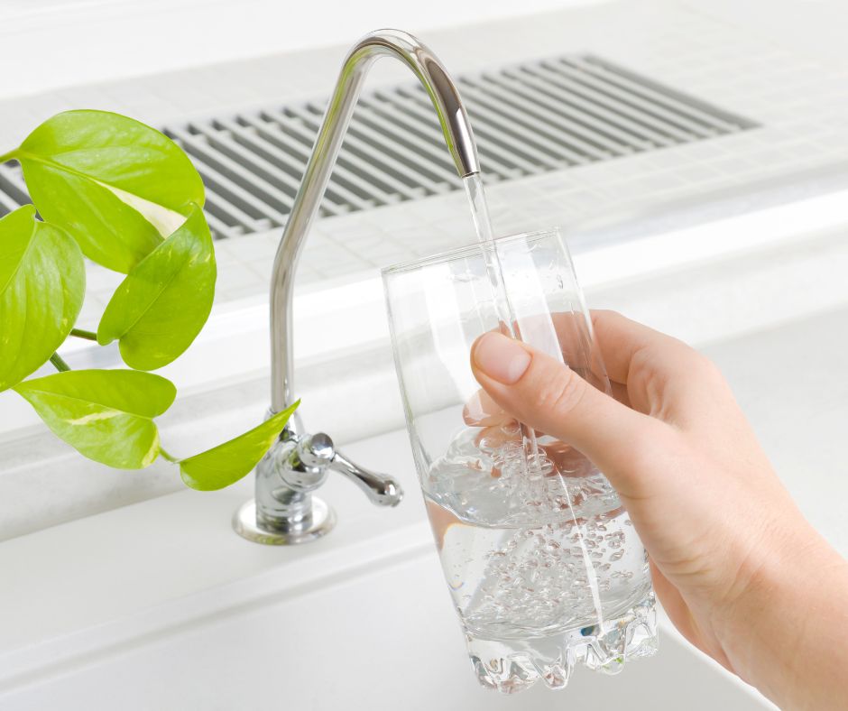 clear glass held by hand under reverse osmosis water tap