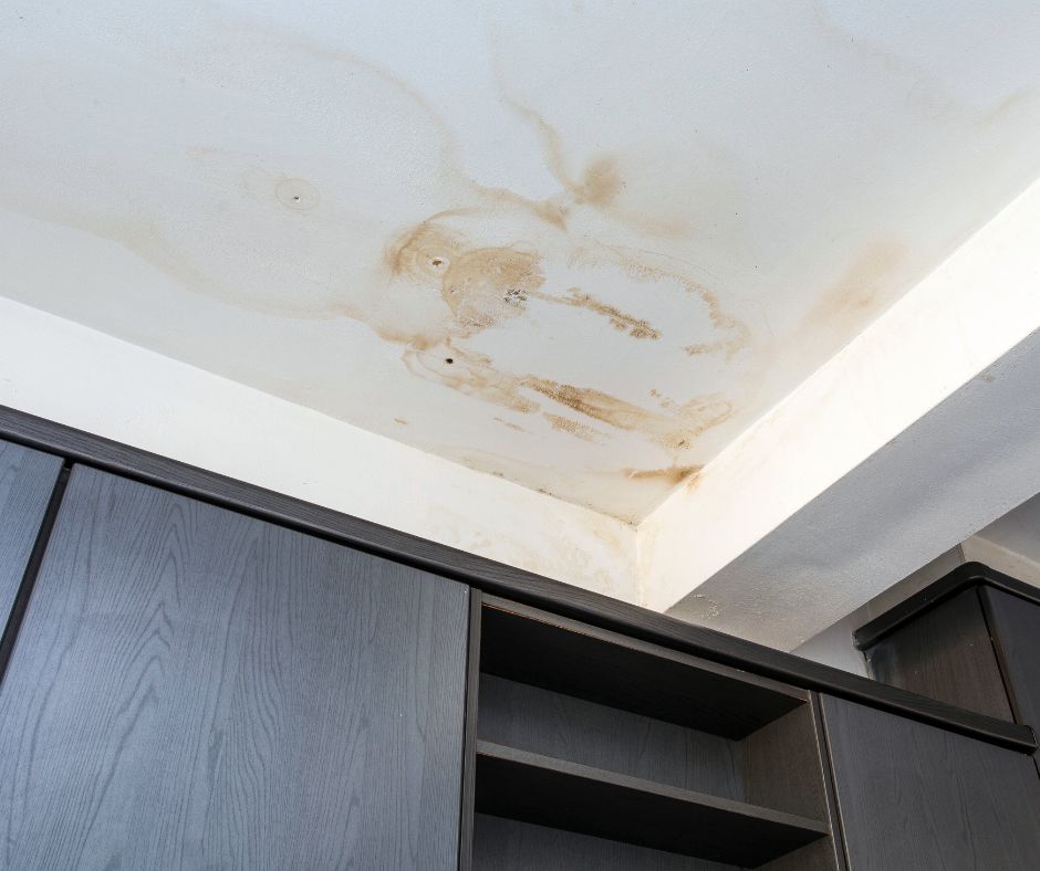Ceiling with water stains above cabinets.