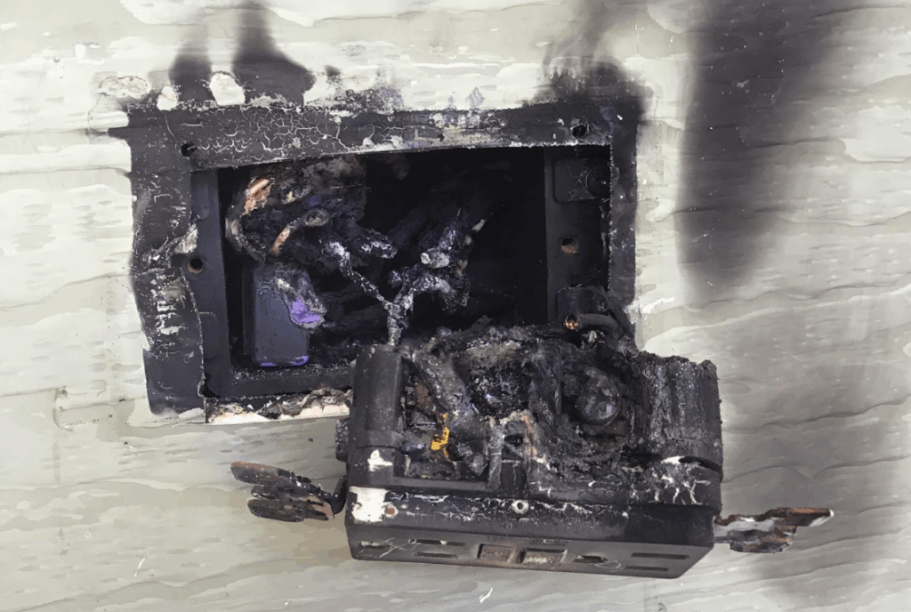 A close-up of a damaged electrical outlet pulled from a wall box.