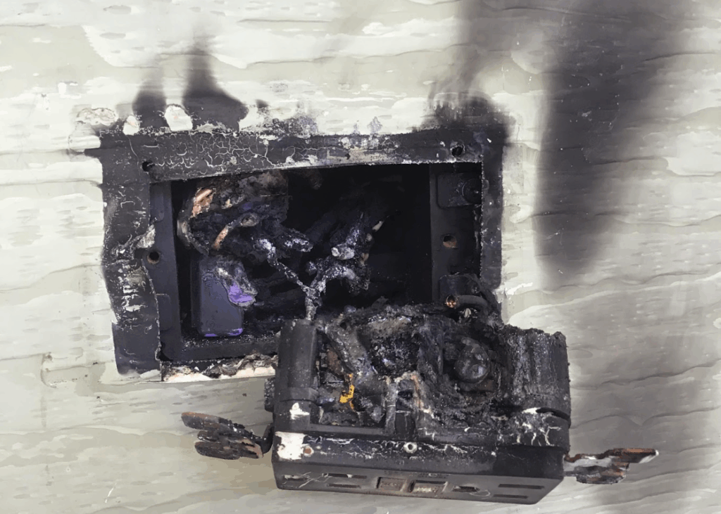 A severely burned and melted electrical outlet.
