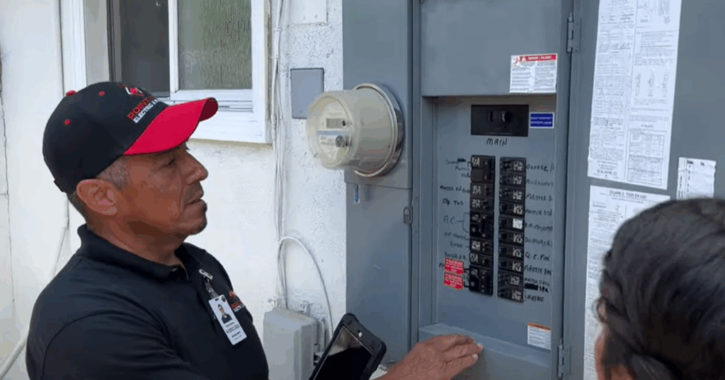Electric technician examining an electrical breaker panel with a customer, explaining the system's components.