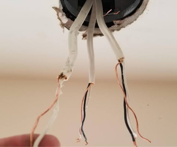 Exposed electrical wires hanging from ceiling junction box.