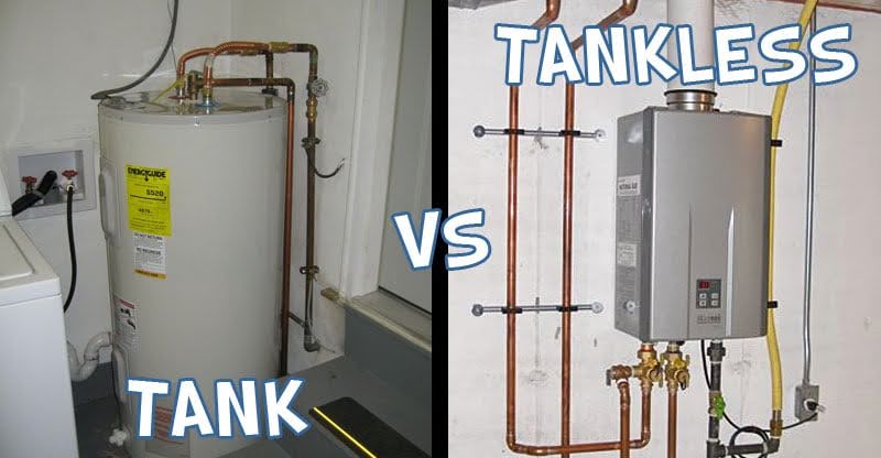 Side-by-side comparison of a tank water heater and a compact wall-mounted tankless unit.