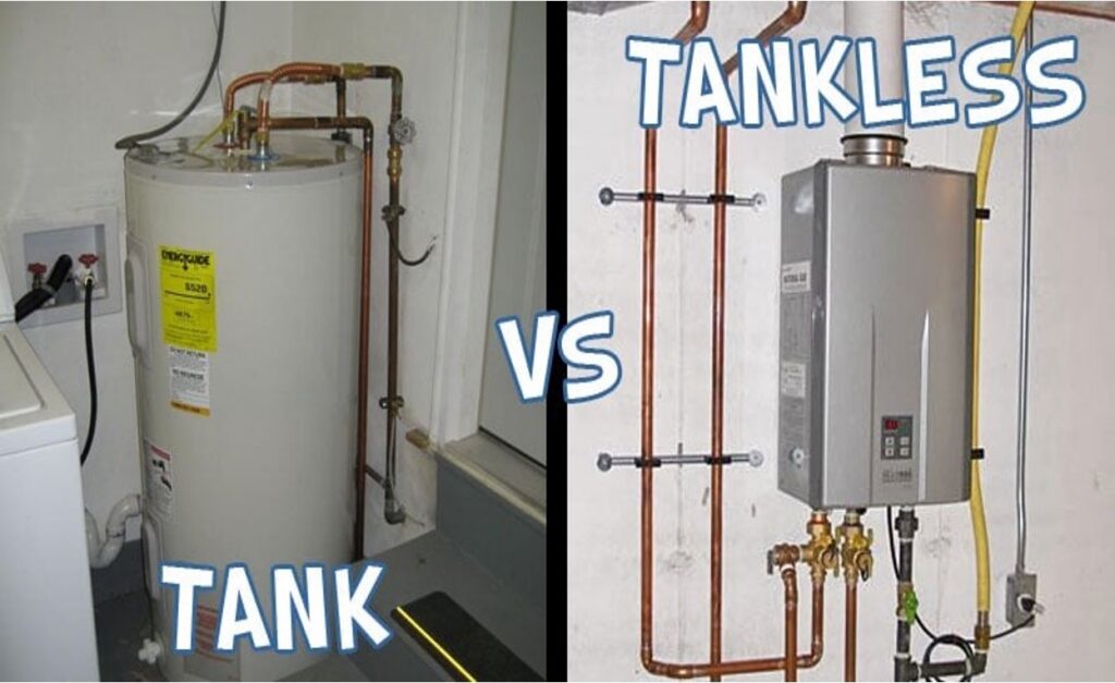 A comparison showing a white tank water heater on the left and a tankless unit on the right