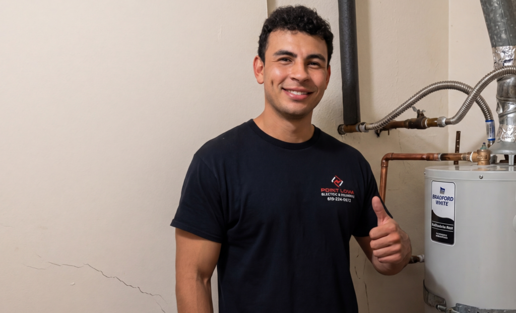 A smiling technician in a black Point Loma Electric & Plumbing shirt giving a thumbs up.