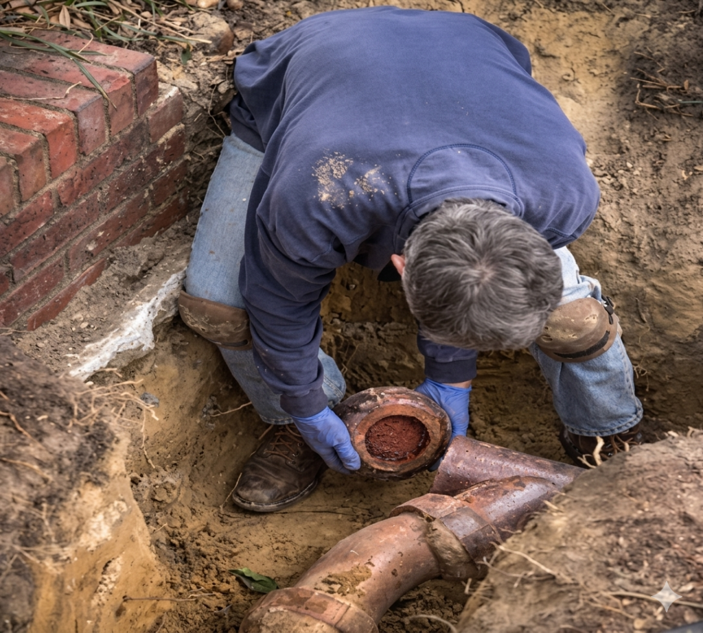 A plumber in blue clothes, holding a section of heavy-duty underground pipe during a repair