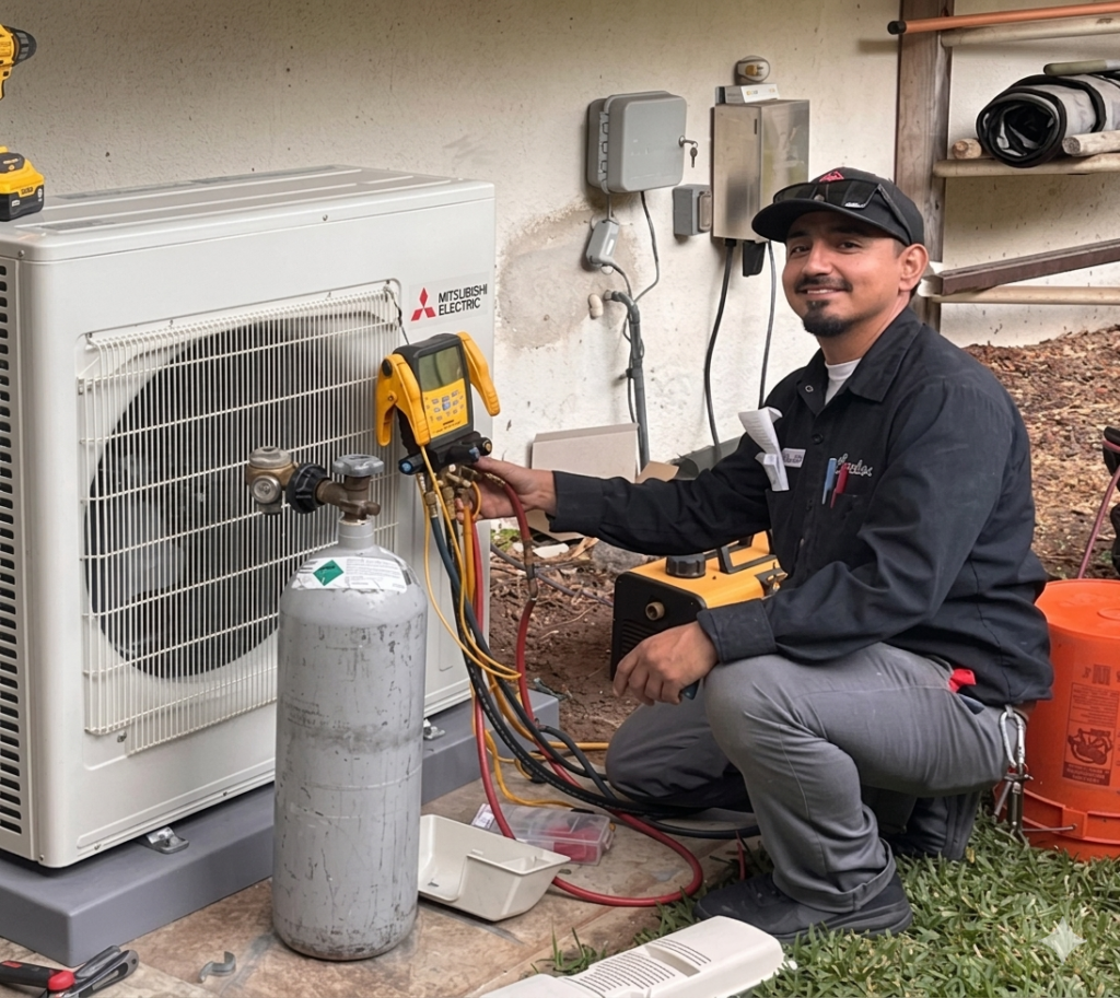 HVAC technician using refrigerant gauges to service an outdoor condenser unit