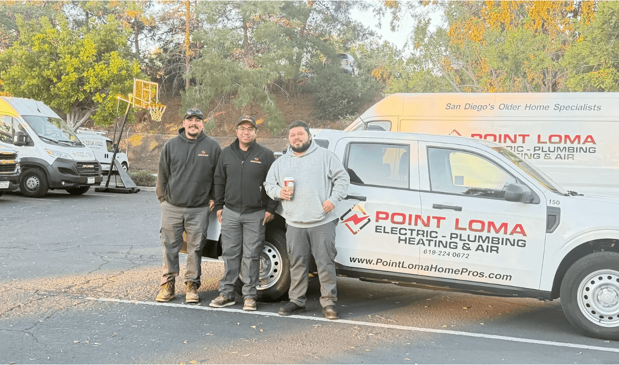 Three Point Loma Home Pros technicians standing in front of a branded service van.