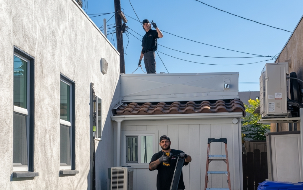 Two Point Loma Home Pros technicians installing a new mini-split system