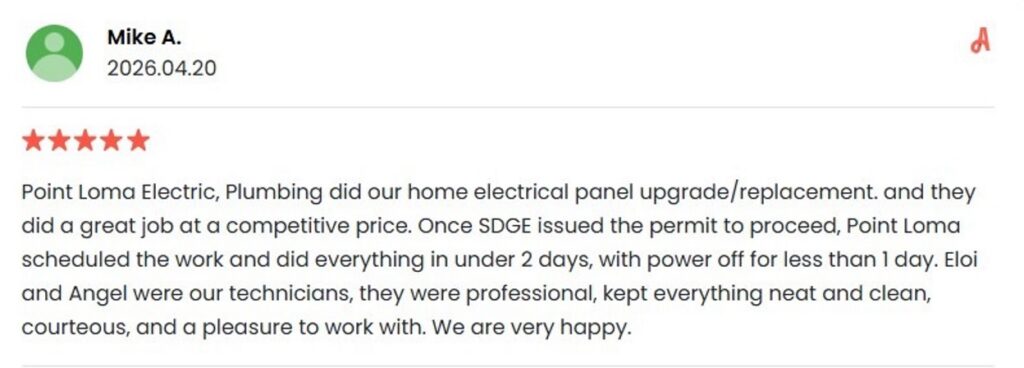 Five-star homeowner review describing a fast, professional electrical panel upgrade by Point Loma Home Pros.