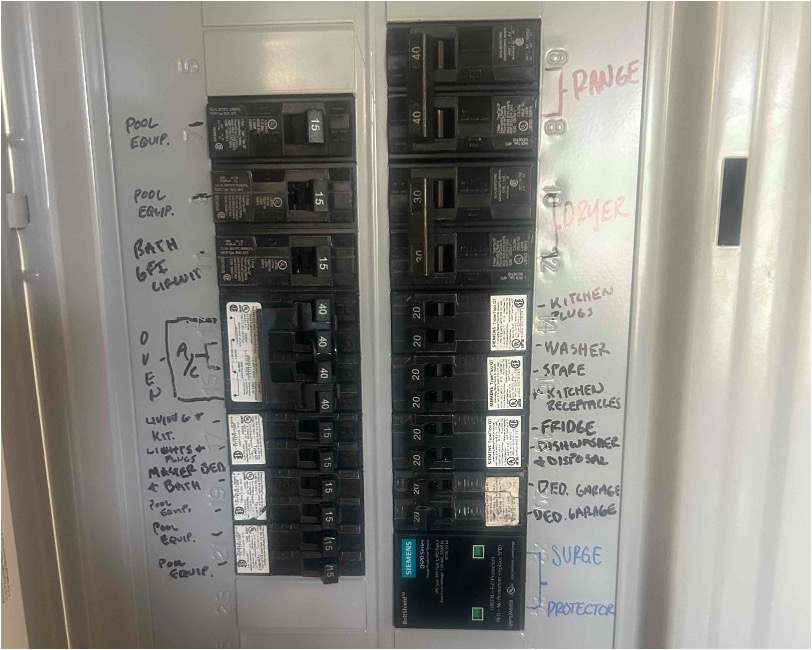 Residential panel with handwritten circuit labels for pool equipment, range, dryer, kitchen, and other circuits