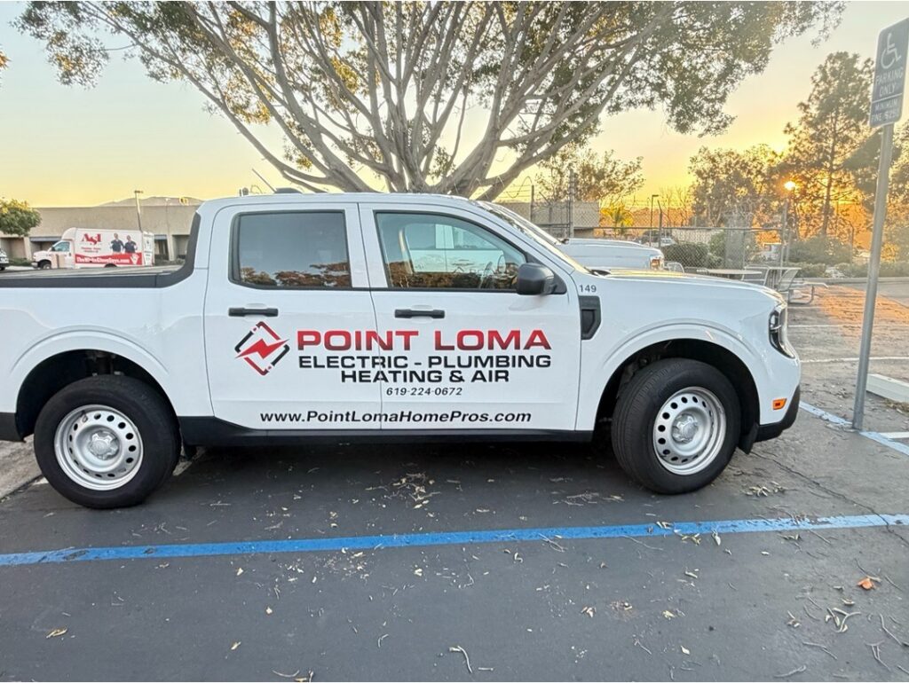 A Point Loma Home Pros company truck marked with the electric, plumbing, heating, & air services