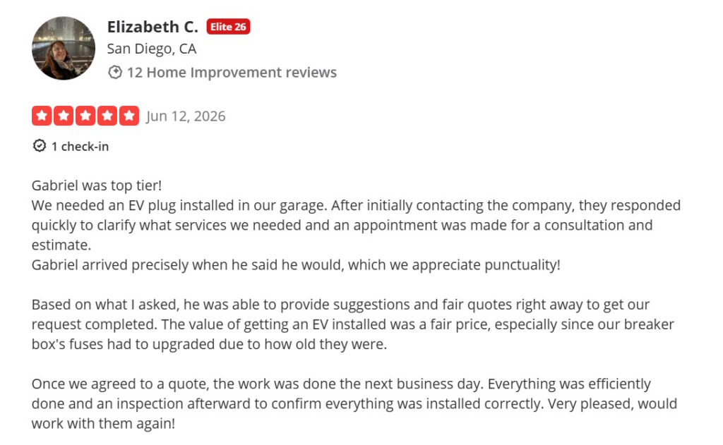 Five-star Yelp review of Point Loma Home Pros for a garage EV plug installation.