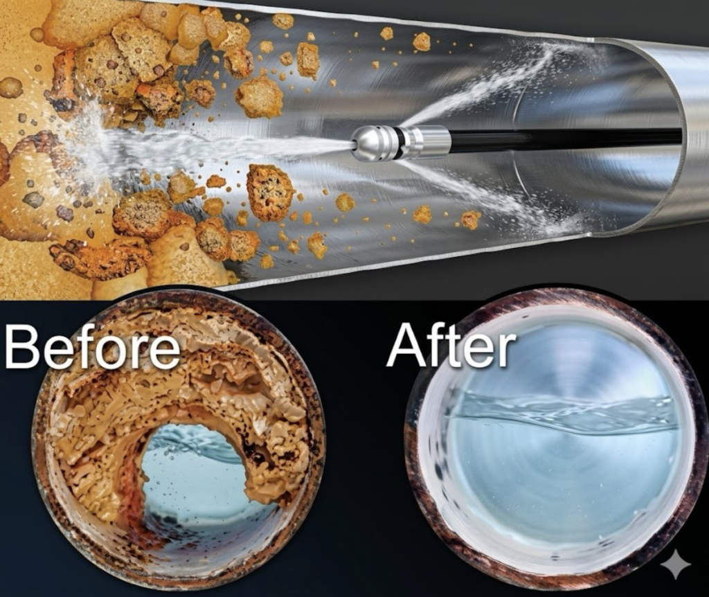 Illustration showing a pipe’s condition before and after hydro jetting